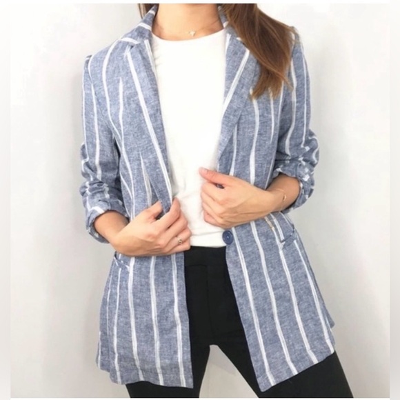DREW Jackets & Blazers - DREW Blue Linen Blend Striped Blazer Jacket Size Medium